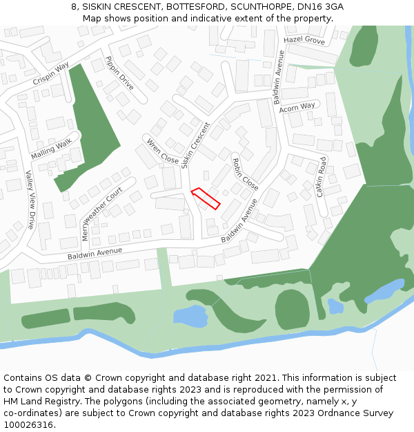 8, SISKIN CRESCENT, BOTTESFORD, SCUNTHORPE, DN16 3GA: Location map and indicative extent of plot