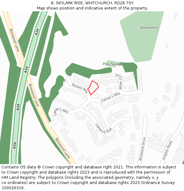 8, SKYLARK RISE, WHITCHURCH, RG28 7SY: Location map and indicative extent of plot