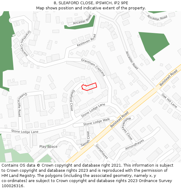 8, SLEAFORD CLOSE, IPSWICH, IP2 9PE: Location map and indicative extent of plot