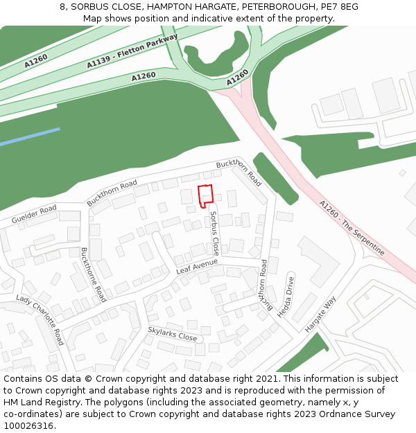 8, SORBUS CLOSE, HAMPTON HARGATE, PETERBOROUGH, PE7 8EG: Location map and indicative extent of plot