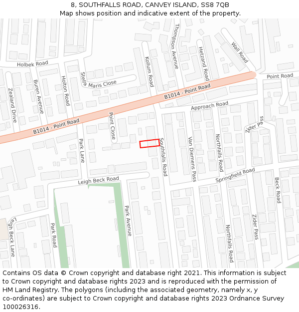 8, SOUTHFALLS ROAD, CANVEY ISLAND, SS8 7QB: Location map and indicative extent of plot