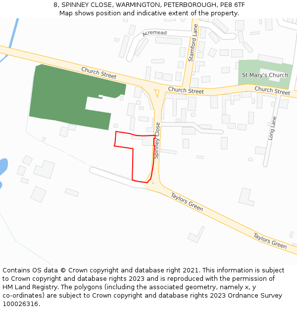 8, SPINNEY CLOSE, WARMINGTON, PETERBOROUGH, PE8 6TF: Location map and indicative extent of plot