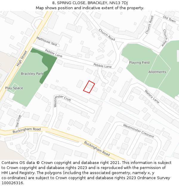 8, SPRING CLOSE, BRACKLEY, NN13 7DJ: Location map and indicative extent of plot
