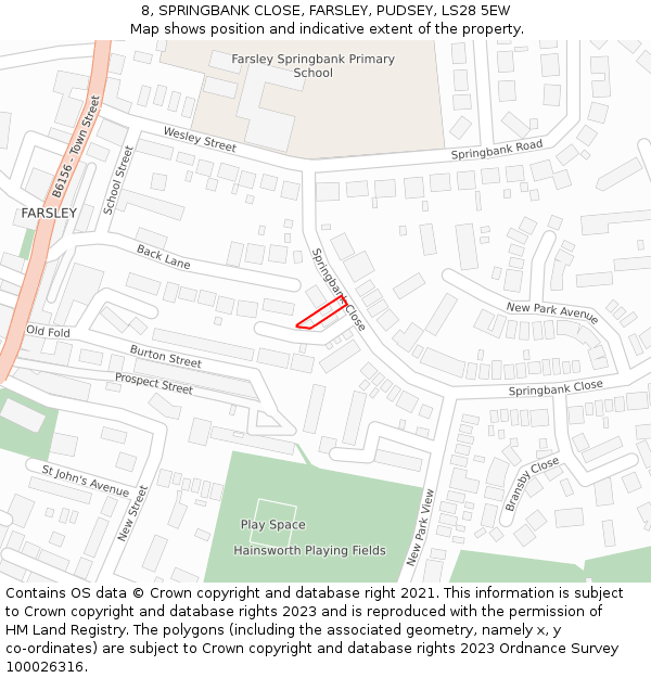 8, SPRINGBANK CLOSE, FARSLEY, PUDSEY, LS28 5EW: Location map and indicative extent of plot