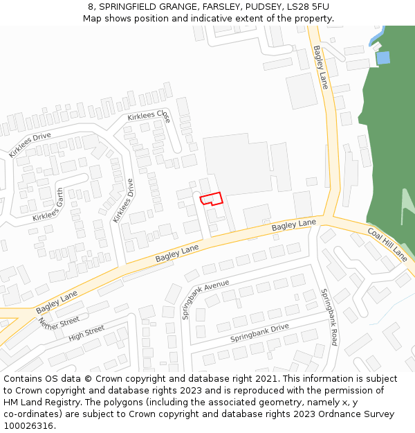 8, SPRINGFIELD GRANGE, FARSLEY, PUDSEY, LS28 5FU: Location map and indicative extent of plot