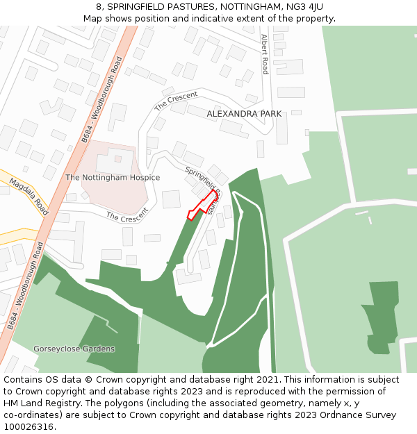 8, SPRINGFIELD PASTURES, NOTTINGHAM, NG3 4JU: Location map and indicative extent of plot