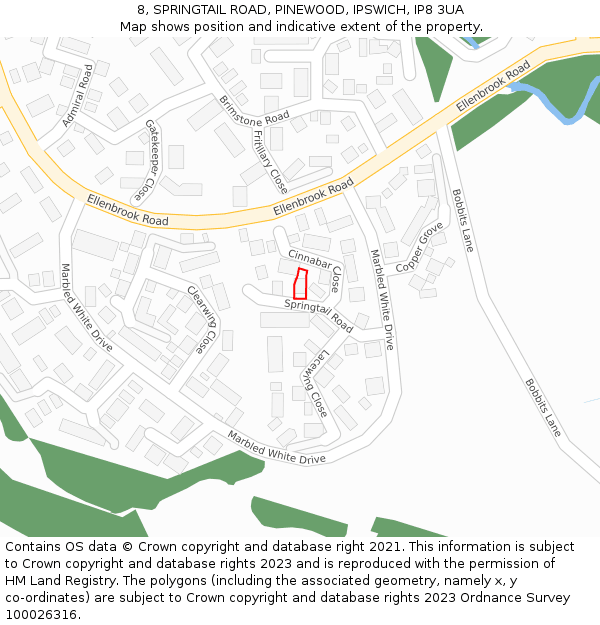 8, SPRINGTAIL ROAD, PINEWOOD, IPSWICH, IP8 3UA: Location map and indicative extent of plot