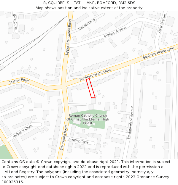 8, SQUIRRELS HEATH LANE, ROMFORD, RM2 6DS: Location map and indicative extent of plot