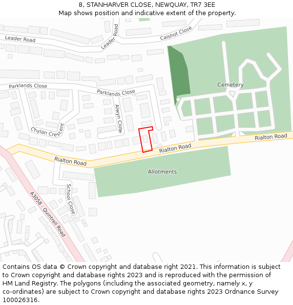 8, STANHARVER CLOSE, NEWQUAY, TR7 3EE: Location map and indicative extent of plot