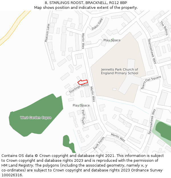 8, STARLINGS ROOST, BRACKNELL, RG12 8BP: Location map and indicative extent of plot