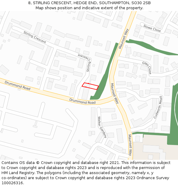 8, STIRLING CRESCENT, HEDGE END, SOUTHAMPTON, SO30 2SB: Location map and indicative extent of plot