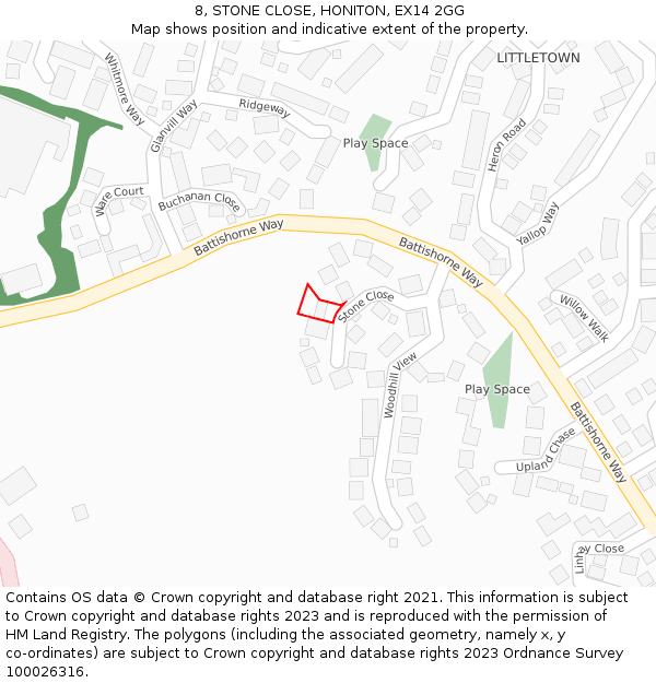 8, STONE CLOSE, HONITON, EX14 2GG: Location map and indicative extent of plot