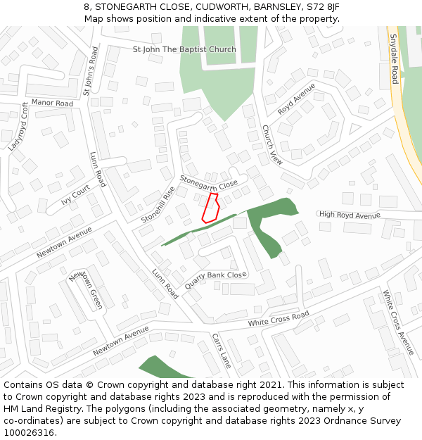 8, STONEGARTH CLOSE, CUDWORTH, BARNSLEY, S72 8JF: Location map and indicative extent of plot
