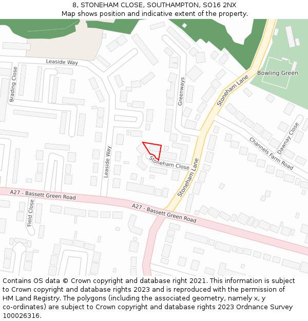 8, STONEHAM CLOSE, SOUTHAMPTON, SO16 2NX: Location map and indicative extent of plot