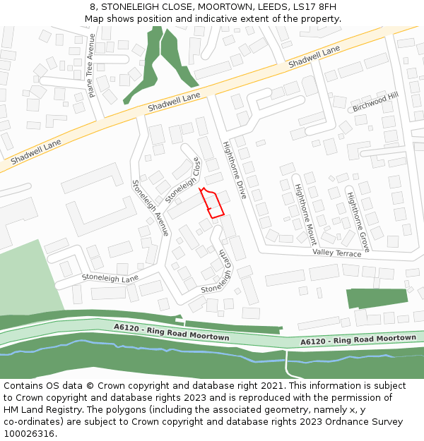8, STONELEIGH CLOSE, MOORTOWN, LEEDS, LS17 8FH: Location map and indicative extent of plot