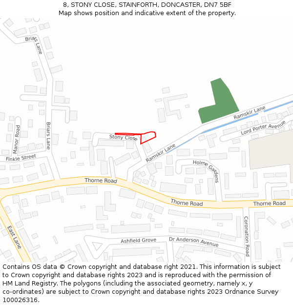 8, STONY CLOSE, STAINFORTH, DONCASTER, DN7 5BF: Location map and indicative extent of plot