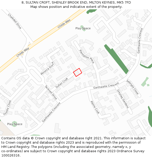 8, SULTAN CROFT, SHENLEY BROOK END, MILTON KEYNES, MK5 7FD: Location map and indicative extent of plot