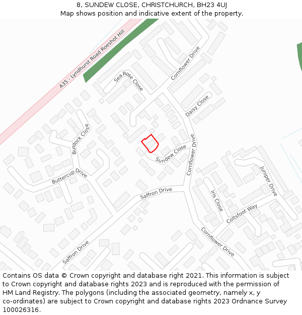 8, SUNDEW CLOSE, CHRISTCHURCH, BH23 4UJ: Location map and indicative extent of plot