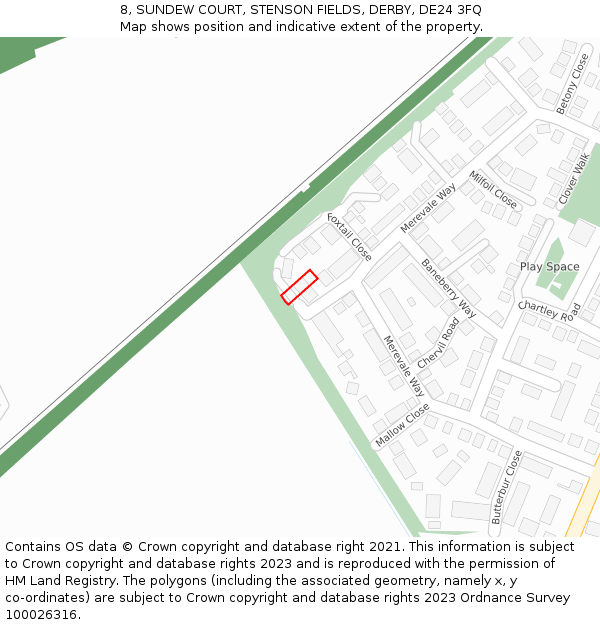 8, SUNDEW COURT, STENSON FIELDS, DERBY, DE24 3FQ: Location map and indicative extent of plot