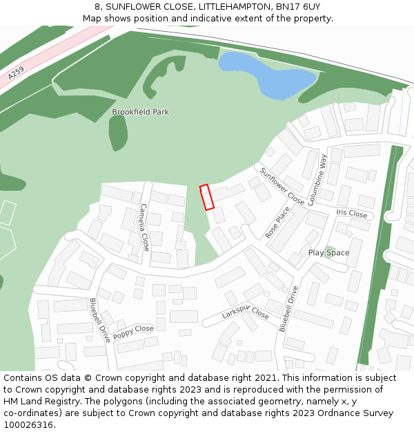 8, SUNFLOWER CLOSE, LITTLEHAMPTON, BN17 6UY: Location map and indicative extent of plot