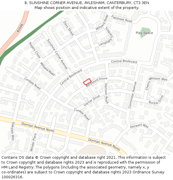 8, SUNSHINE CORNER AVENUE, AYLESHAM, CANTERBURY, CT3 3EN: Location map and indicative extent of plot
