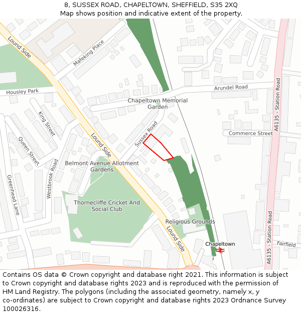 8, SUSSEX ROAD, CHAPELTOWN, SHEFFIELD, S35 2XQ: Location map and indicative extent of plot