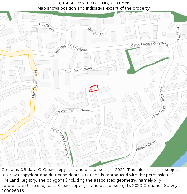 8, TAI ARFRYN, BRIDGEND, CF31 5AN: Location map and indicative extent of plot