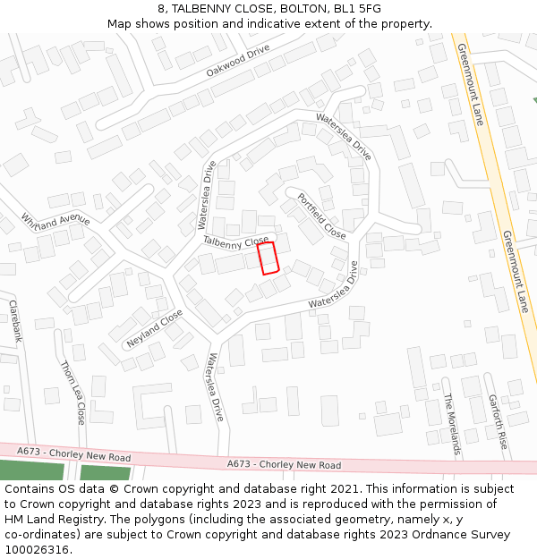 8, TALBENNY CLOSE, BOLTON, BL1 5FG: Location map and indicative extent of plot