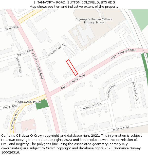8, TAMWORTH ROAD, SUTTON COLDFIELD, B75 6DG: Location map and indicative extent of plot