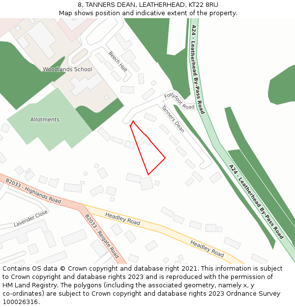 8, TANNERS DEAN, LEATHERHEAD, KT22 8RU: Location map and indicative extent of plot