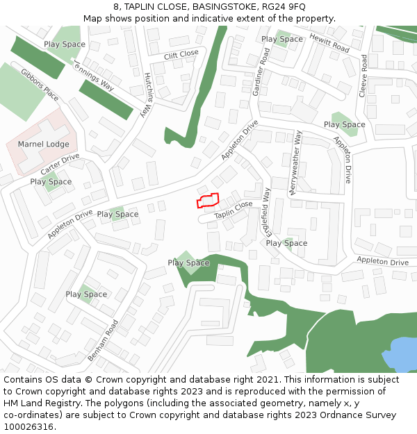 8, TAPLIN CLOSE, BASINGSTOKE, RG24 9FQ: Location map and indicative extent of plot