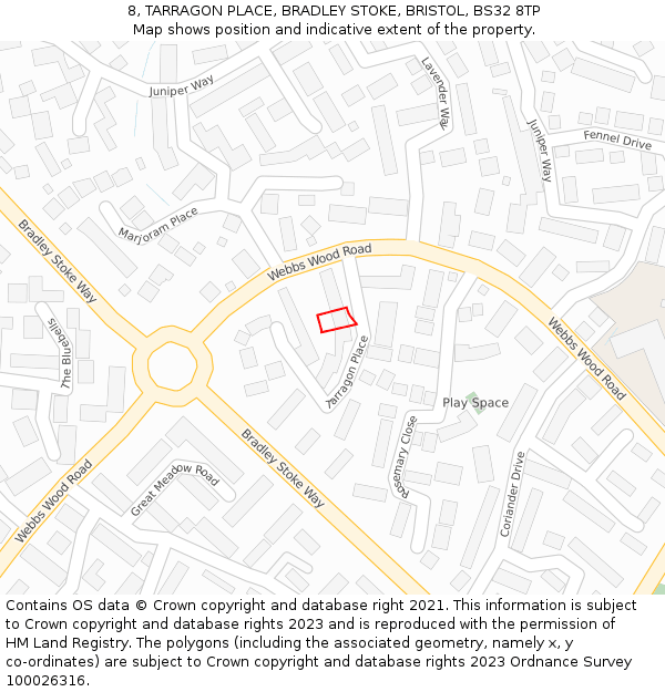 8, TARRAGON PLACE, BRADLEY STOKE, BRISTOL, BS32 8TP: Location map and indicative extent of plot