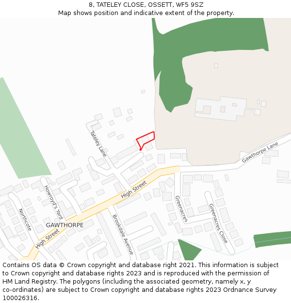 8, TATELEY CLOSE, OSSETT, WF5 9SZ: Location map and indicative extent of plot