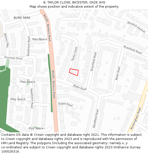 8, TAYLOR CLOSE, BICESTER, OX26 3HS: Location map and indicative extent of plot