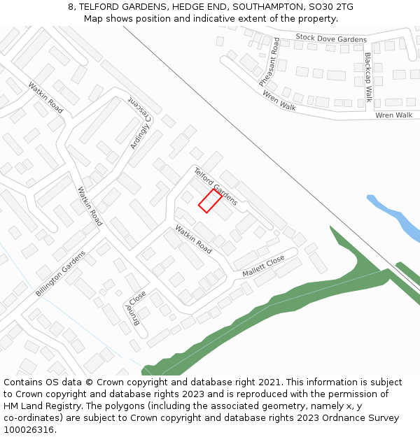 8, TELFORD GARDENS, HEDGE END, SOUTHAMPTON, SO30 2TG: Location map and indicative extent of plot