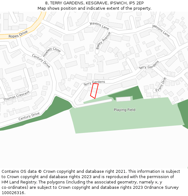 8, TERRY GARDENS, KESGRAVE, IPSWICH, IP5 2EP: Location map and indicative extent of plot