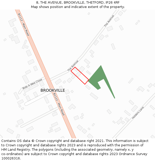 8, THE AVENUE, BROOKVILLE, THETFORD, IP26 4RF: Location map and indicative extent of plot
