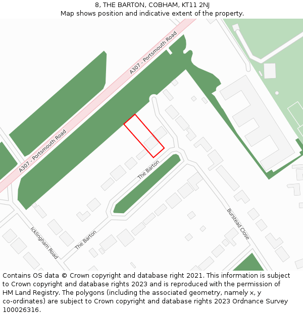 8, THE BARTON, COBHAM, KT11 2NJ: Location map and indicative extent of plot