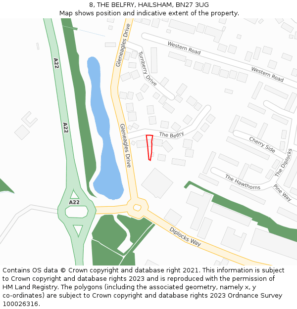 8, THE BELFRY, HAILSHAM, BN27 3UG: Location map and indicative extent of plot