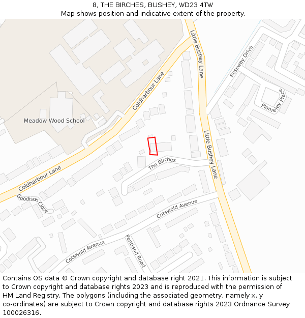 8, THE BIRCHES, BUSHEY, WD23 4TW: Location map and indicative extent of plot