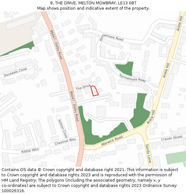 8, THE DRIVE, MELTON MOWBRAY, LE13 0BT: Location map and indicative extent of plot