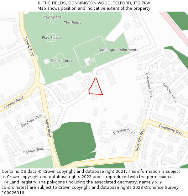 8, THE FIELDS, DONNINGTON WOOD, TELFORD, TF2 7PW: Location map and indicative extent of plot
