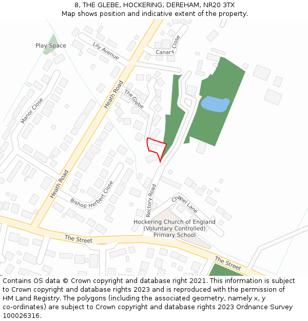 8, THE GLEBE, HOCKERING, DEREHAM, NR20 3TX: Location map and indicative extent of plot
