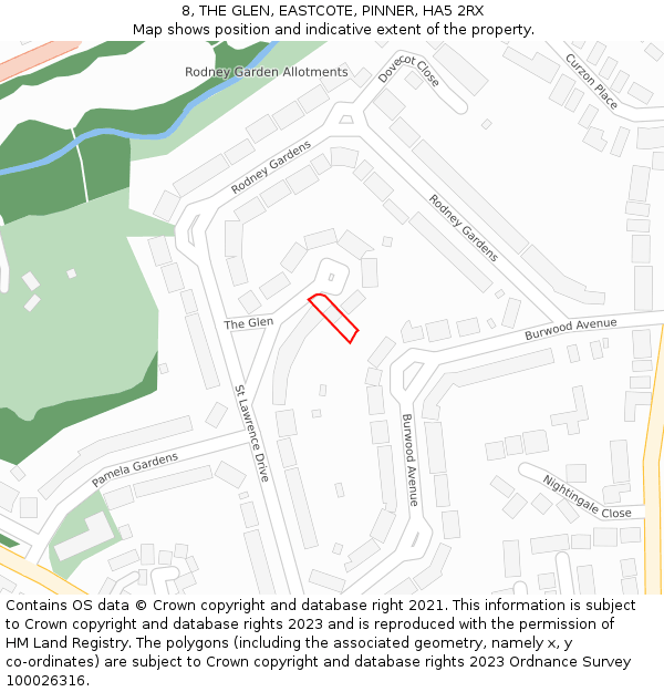 8, THE GLEN, EASTCOTE, PINNER, HA5 2RX: Location map and indicative extent of plot