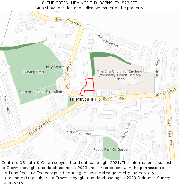 8, THE GREEN, HEMINGFIELD, BARNSLEY, S73 0PT: Location map and indicative extent of plot