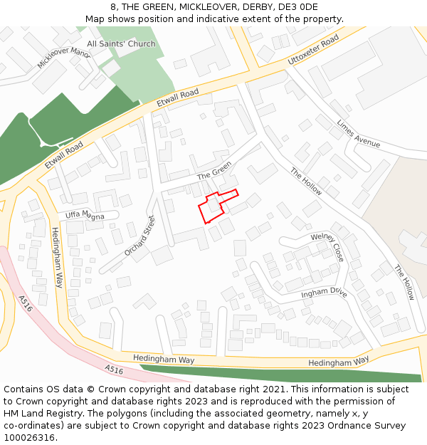 8, THE GREEN, MICKLEOVER, DERBY, DE3 0DE: Location map and indicative extent of plot