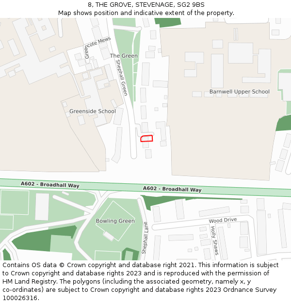 8, THE GROVE, STEVENAGE, SG2 9BS: Location map and indicative extent of plot