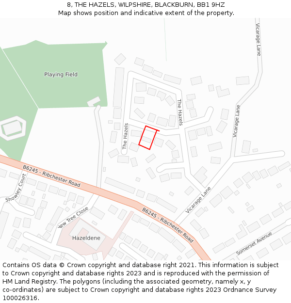 8, THE HAZELS, WILPSHIRE, BLACKBURN, BB1 9HZ: Location map and indicative extent of plot
