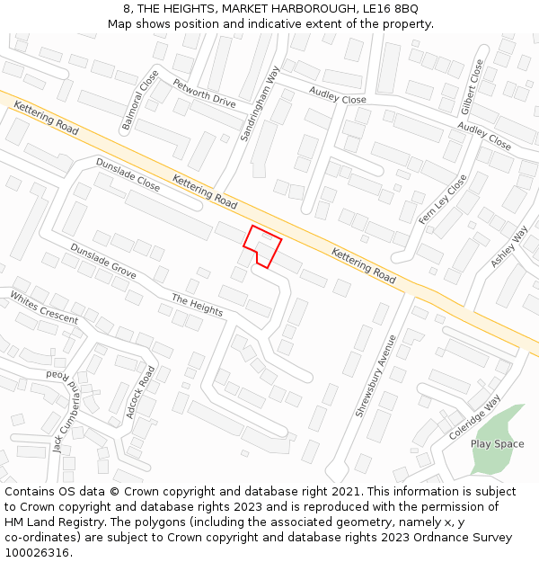 8, THE HEIGHTS, MARKET HARBOROUGH, LE16 8BQ: Location map and indicative extent of plot