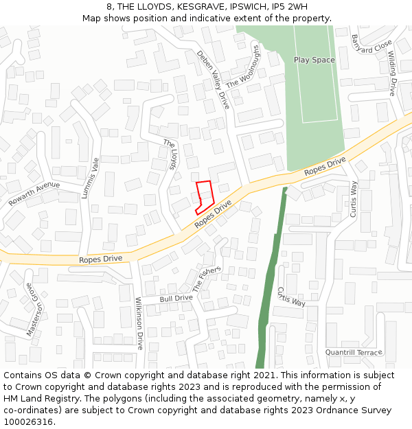 8, THE LLOYDS, KESGRAVE, IPSWICH, IP5 2WH: Location map and indicative extent of plot
